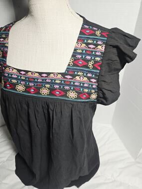 Boho Black Embroidered Top Floral Indie Retro Sz L Loose Summer Casual Academia